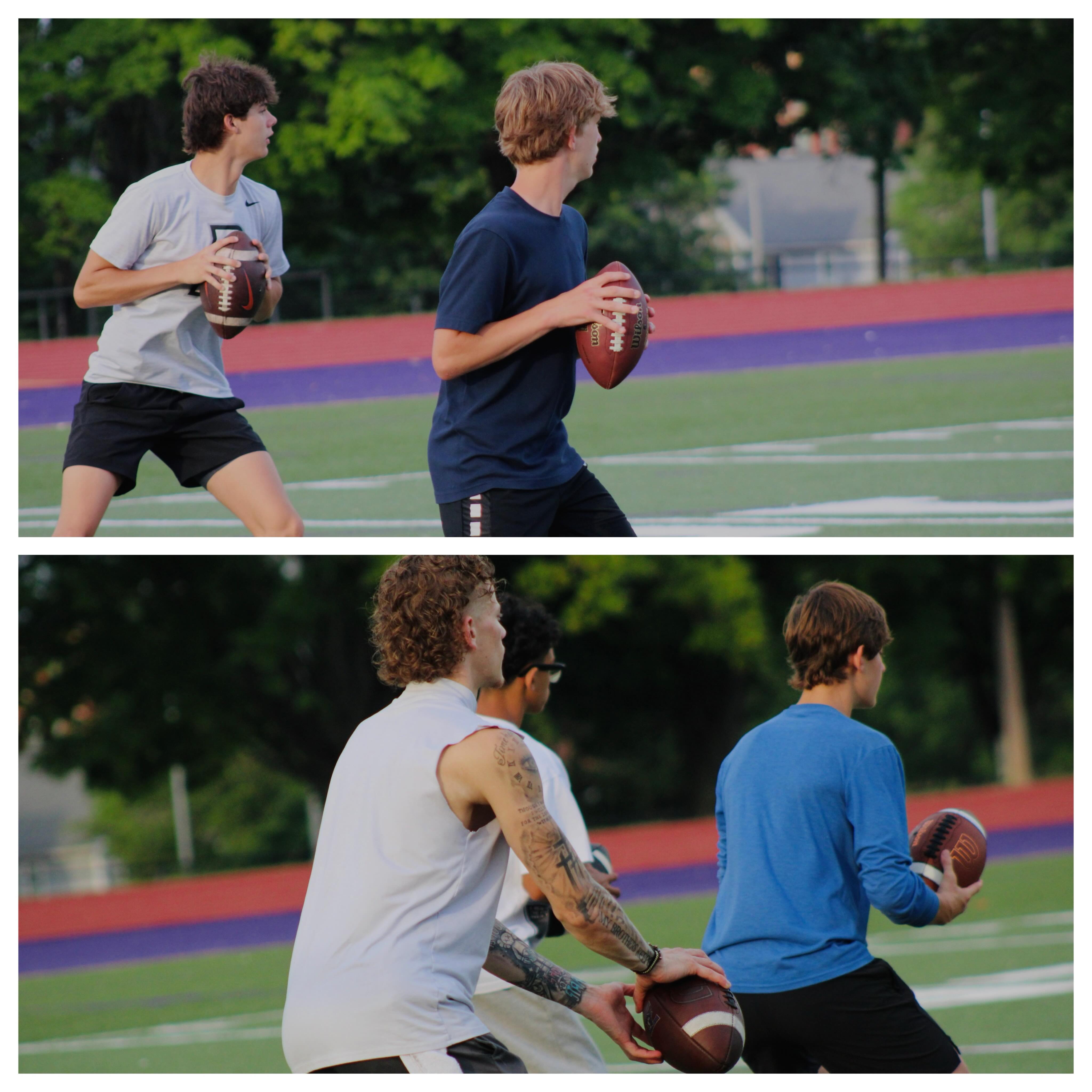 Air Attack quarterbacks practicing footwork and passing drills